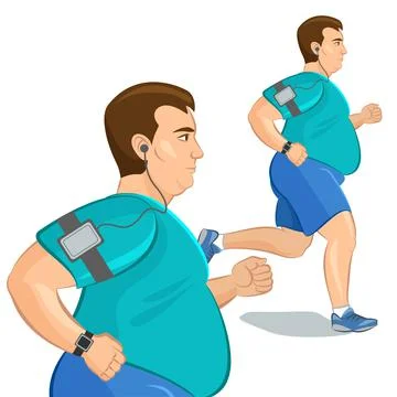 Jogging fat man, loss weight cardio training with smart device. Vector Stock Illustration