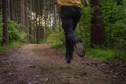 Jogging in the green forest, dynamic scenery of a running man, just showing his Stock Photos