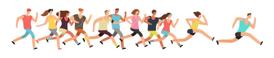 Jogging people. Runners group in motion. Running men and women sports background Stock Illustration