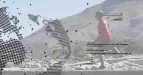 Jogging runner in red top and shorts along seawall, with map and code overlays, Stock Photos