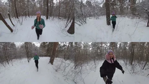 Jogging in the winter forest. Mix of four videos. 스톡 동영상 142609394