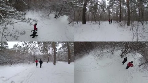 Jogging in the winter forest. Mix of four videos. Video stock 143138196