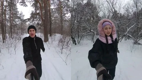 Jogging in the winter forest. Mix of two videos. Stockbeeldmateriaal 142655351