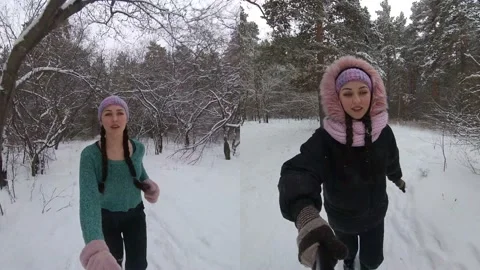 Jogging in the winter forest. Mix of two videos. Video stock 142655378