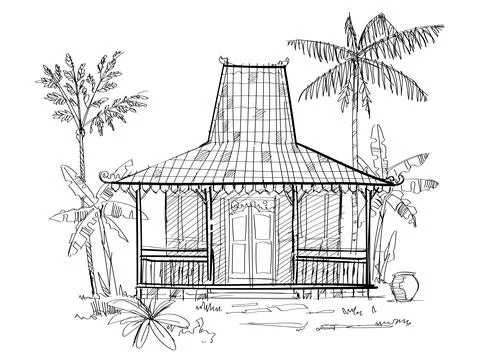 Joglo java traditional house hand drawing sketch illustration wooden Stock Illustration