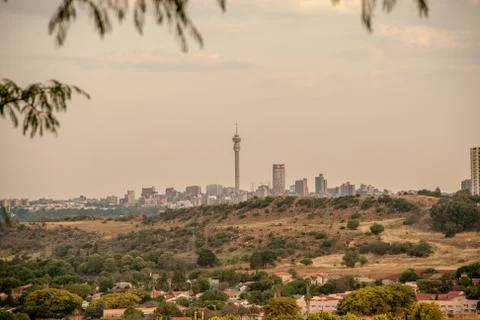 Johannesburg city skyline in the late afternoon with suburb in the foreground Stock Photos