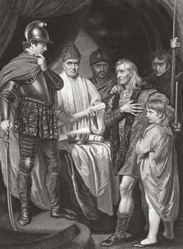 John Balliol, King of Scots, surrendering his crown to Edward I of England.  Jul Illustrazione stock