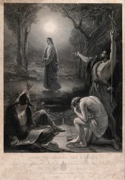 John the Baptist indicates Jesus as the Messiah to two of his disciples. En.. Stock Illustration
