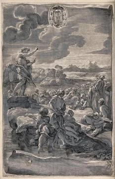John the Baptist preaching to a multitude at the river Jordan. Engraving by.. Stock Illustration