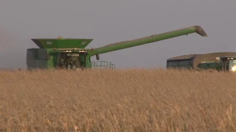 John Deere Combine and Grain Cart Medium Shot Video stock 42526444