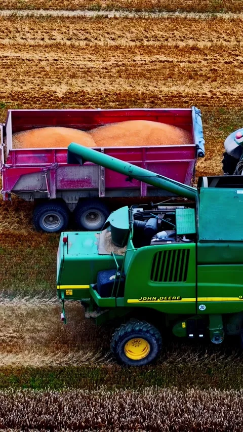 John Deere Combine harvester unloading grain into a tractor trailer during the Stock Footage 336240771