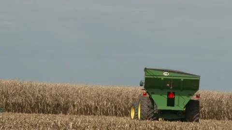 John Deere Combine - Harvesting Corn - Dusty Corn Field Stock Footage 163074119