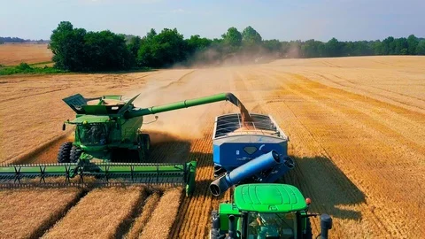John Deere Combine Unloading Wheat into Grain Wagon 動画素材 91004238