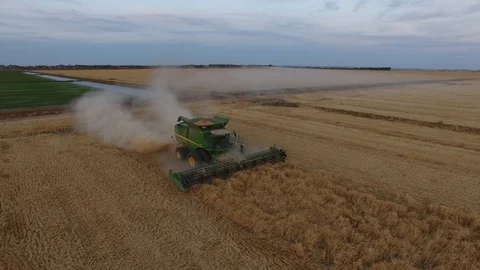 John Deere header harvesting wheat in rural nsw australia at sunset closeup Stockbeeldmateriaal 94118673