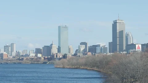 John Hancock &amp; Prudential Buildings from the Bu Bridge - 4K 422 10-Bit Stock Footage 123815499