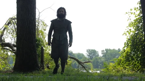 John Smith stands in 17th century New World Virginia Colony, Jamestown portrayal Stock Footage 196319762