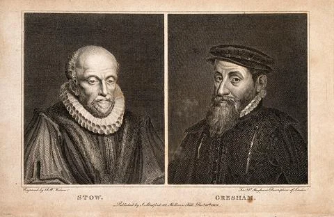 John Stow and Thomas Gresham. Line engraving by A.W. Warren, 1808. Stock-Illustration