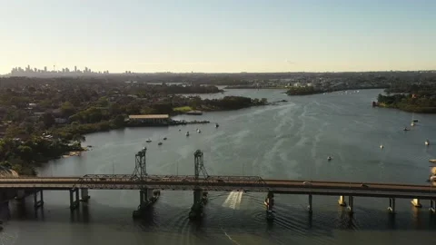 John Whitton bridge on Parramatta river aerial panoramic hovering in 4k. Stock Footage 165179424
