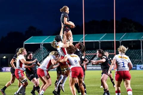  Joia Bennett of Saracens Women secures the line out ball during the Allia... Stock Photos