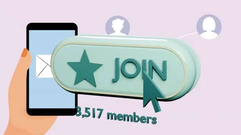 JOIN button flying in from right centering, cursor clicking, count rising to Stock Footage 339494821