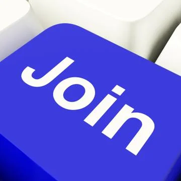 Join computer key in blue showing subscription and registration Ilustración de archivo