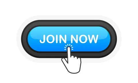 Join Now blue realistic 3D button isolated on white background. Hand clicked. Stock Illustration