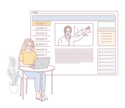 Join an Online Learning Session with Interactive Lessons and Activities for Stock Illustration