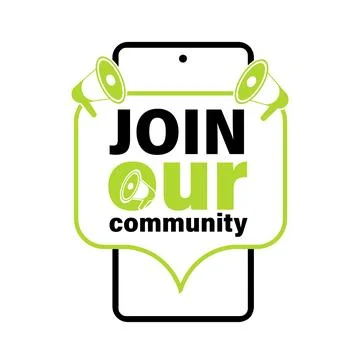 Join our community through a mobile app with megaphones. Stock Illustration