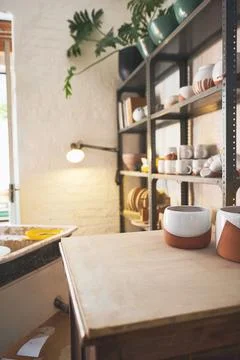 Join our pottery classes and you could make these too. various vases and pots on Foto stock