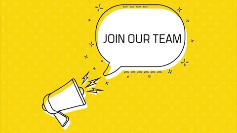 Join our team. Megaphone and yellow speech bubble with quote. Blog management Stockbeeldmateriaal 226820382