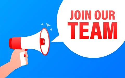 Join our team megaphone blue banner in 3D style on white background. Vector i Illustrazione stock