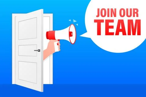 Join our team megaphone blue banner in 3D style on white background. Vector Illustrazione stock