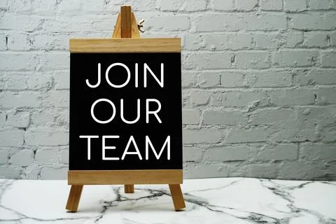 Join Our Team typography text on Easel wooden Stock Photos