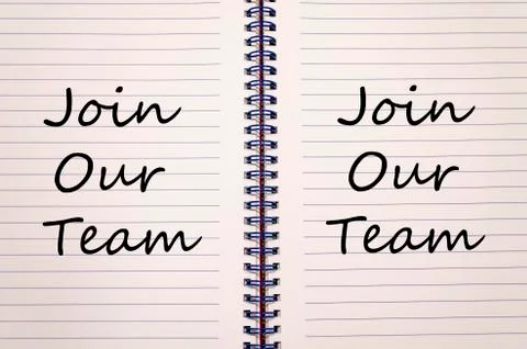 Join our team write on notebook Stock Photos