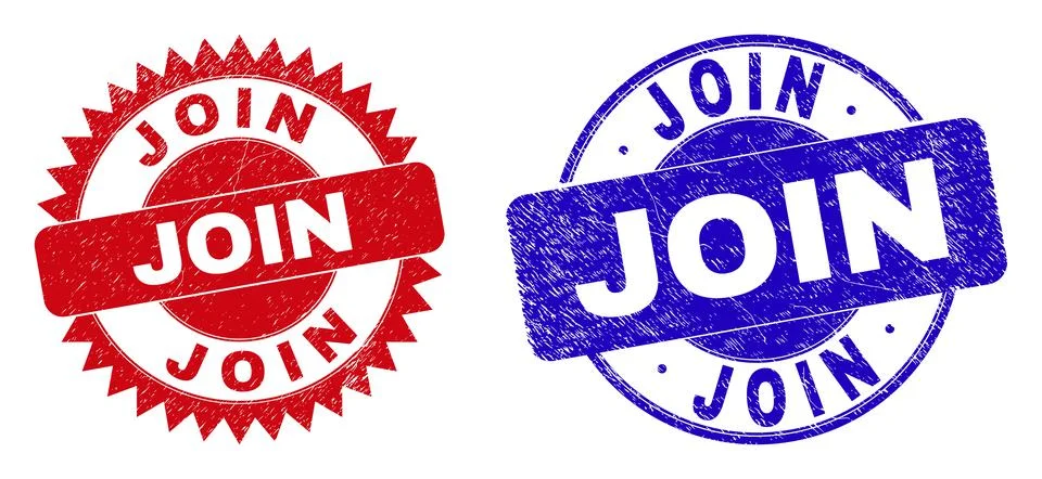 JOIN Rounded and Rosette Stamp Seals with Scratched Style Stock Illustration