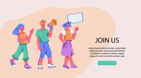 Join us! -header and people shouting loud and recruiting or proposing to join Stock Illustration