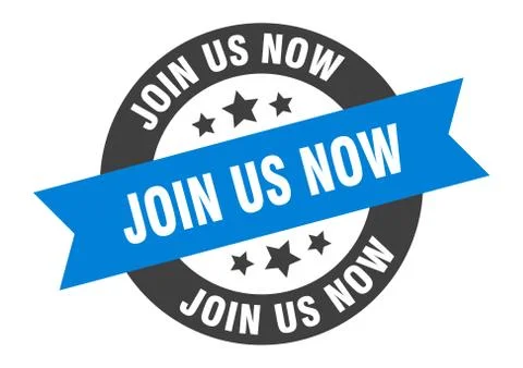 Join us now sign. join us now blue-black round ribbon sticker Stock Illustration