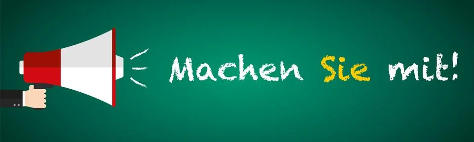 Join us or do it in German language written on blackboard megaphone and chalk Stock Illustration