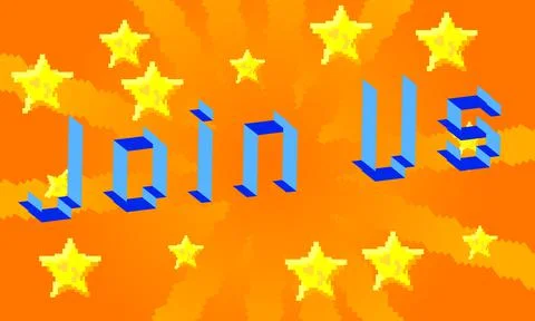 Join Us. Pixelated word with geometric graphic background. Vector cartoon ill Illustrazione stock