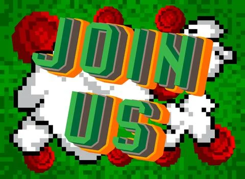 Join Us. Pixelated word with geometric graphic background. Vector cartoon ill Stock Illustration