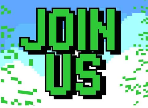 Join Us. Pixelated word with geometric graphic background. Vector cartoon ill Stock Illustration