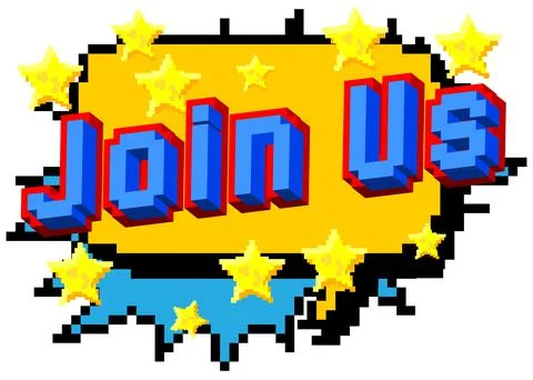 Join Us. Pixelated word with geometric graphic background. Vector cartoon ill 스톡 일러스트