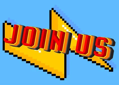 Join Us. Pixelated word with geometric graphic background. Vector cartoon ill Stock Illustration