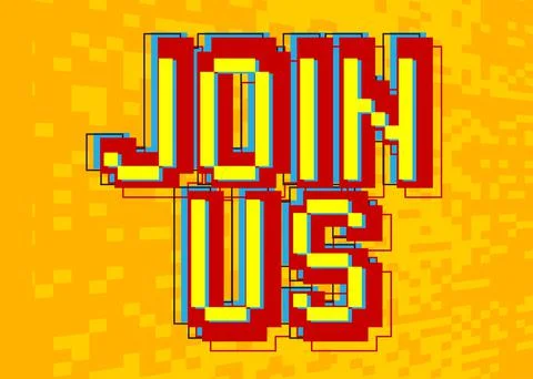 Join Us. Pixelated word with geometric graphic background. Vector cartoon ill 스톡 일러스트