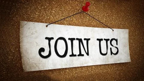 Join us text and paper on corkboard. 3D illustration Stock Illustration