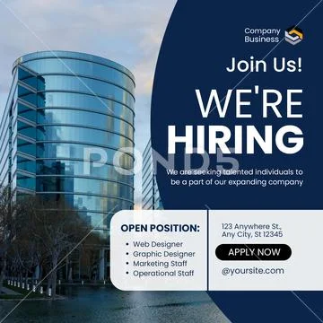 Join us we are hiring advertisement with office building background Plantilla PSD