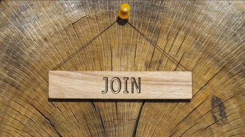 Join word. Background log written on wooden board Foto stock