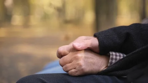 Joined hands of aged couple sitting in autumn park Stock-Footage 168186522