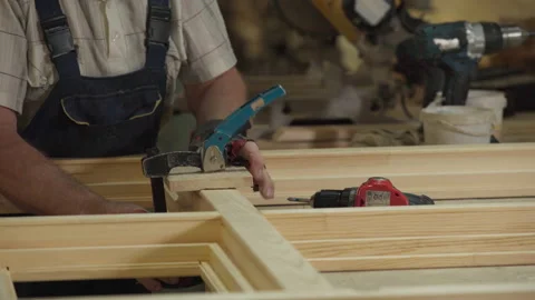 Joiner Uses Lever Clamp Carpentry Instrument To Hold Wooden Window Details Stock Footage 220476124