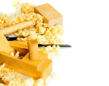 Joiner's tools (chisel, hammer) on a white background. Stock Photos